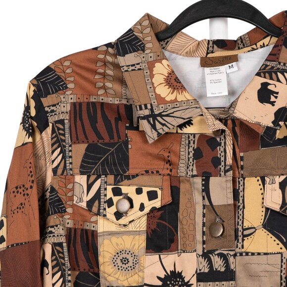 Suzette Safari Button Up Jacket Shirt M New Patchwork Brown Elephant Giraffe - Picture 2 of 6
